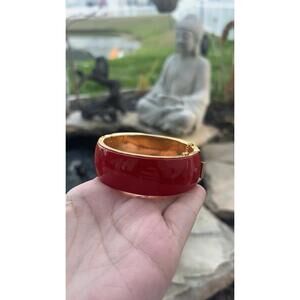 Vintage Bangle Bracelet Red Gold Tone Hinged Bangle with Safety Chain